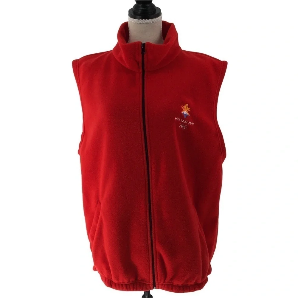 Olympics Salt Lake 2002 Red Sleeveless Full Zip Warm Fleece Vest Mens Sz L